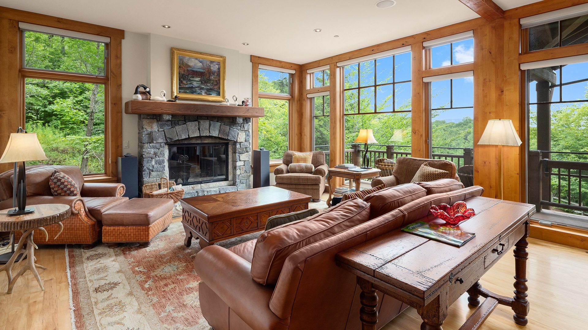 Living room in one of our Stowe mountain cabin rentals