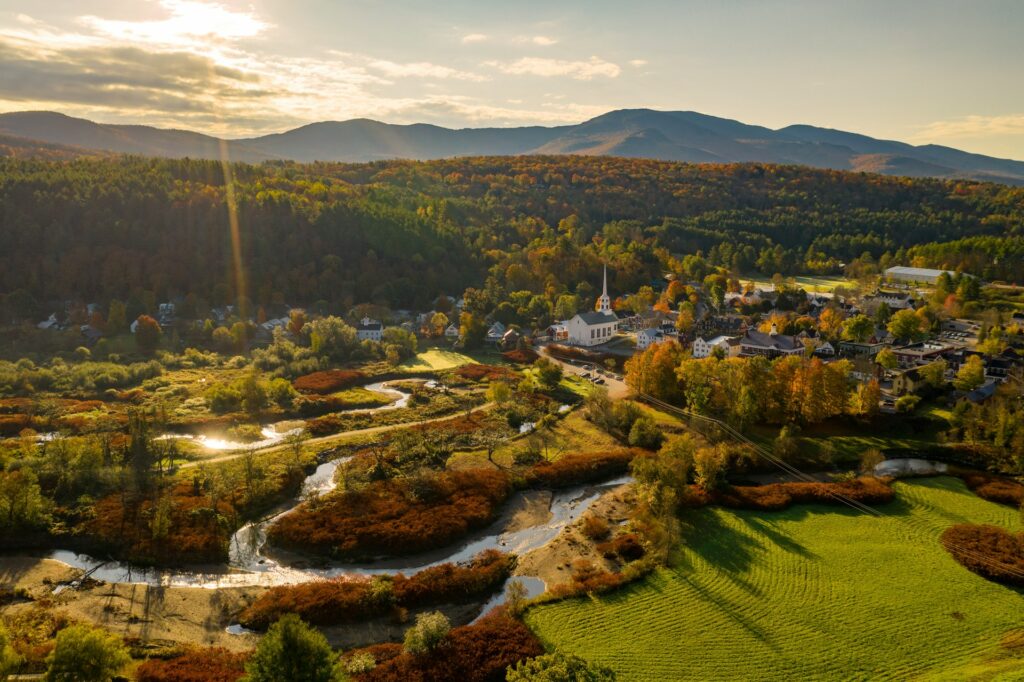 An aerial view of Stowe, VT