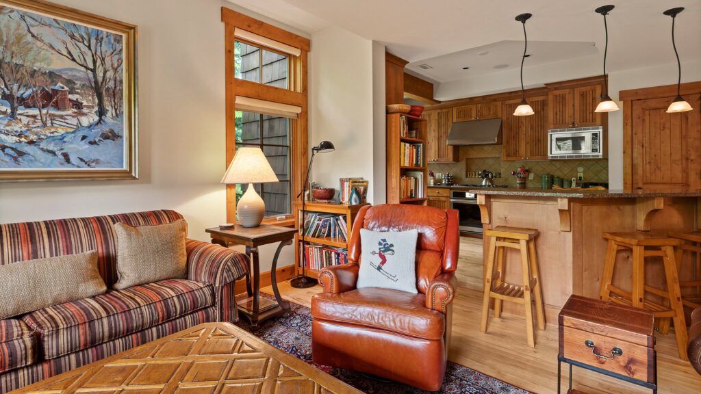 Living room in one of our Stowe Mountain cabins